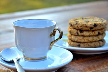 Morning espresso with oatmeal cookies, telephone, teaspoon, saucer, outdoors.