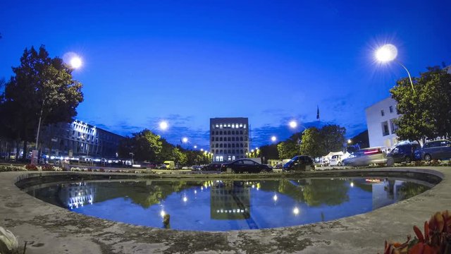  Square and Palace of Labor (arch. G. Guerrini, E. Lapadula, M. Romano). EUR district. Rome, Italy. Time Lapse 4K.