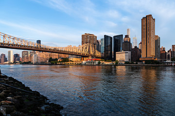 Fototapeta premium New York City / USA - JUL 31 2018: Queensboro Bridge and midtown view from Roosevelt Island at sunrise