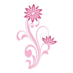 Floral curve decorative ornaments. Pink flower branch. Vector illustration isolated on white background.