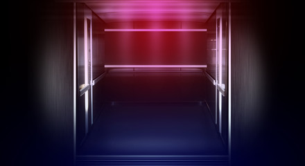 Elevator, neon light, night view. Abstract background, blank scene.