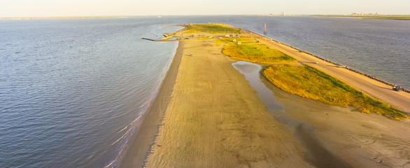 Panorama aerial view famous Texas City Dike, a levee that projects nearly 5miles south-east into...