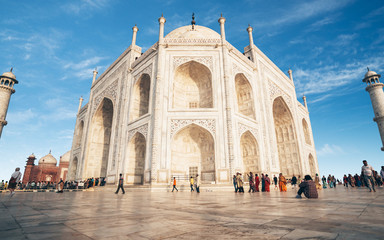 Taj Mahal and blue sky, close view