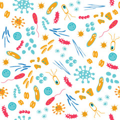 Seamless pattern with colorful microorganisms. Vector hand drawn illustration.