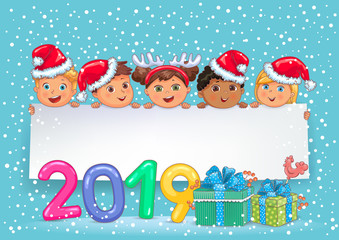 New Year banner 2019 with cute kids