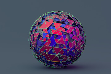 Abstract 3d rendering of polygonal sphere. Geometric shape, futuristic modern background design for poster, cover, branding, banner, placard.