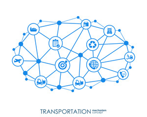 Transportation integrated interact concept. Connected graphic design dot and line system. Abstract background for traffic, navigation service. Vector Infograph.