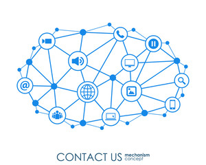 Contact Us mechanism concept. Growth abstract background with integrated meta balls, integrated icon for digital, strategy, internet, network, connect, communicate, technology, global concepts.