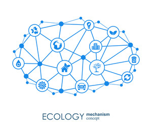 Ecology mechanism concept. Abstract background with connected gears and icons for eco friendly, energy, environment, green, recycle, bio and global concepts. Vector infographic illustration.