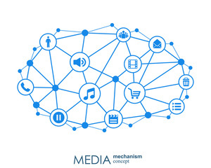 Media mechanism concept. Growth abstract background with integrated meta balls, integrated icon for digital, strategy, internet, network, connect, communicate, technology, global concepts.