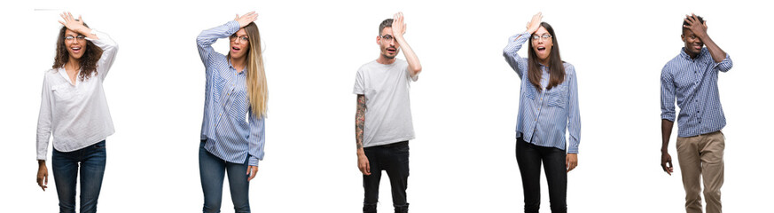Group and team of young business people over isolated white background surprised with hand on head...