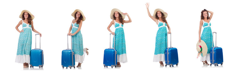 Woman traveller with suitcase isolated on white