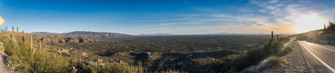 Fototapeta na wymiar Sunset in Tucson Arizona Panorama with Road