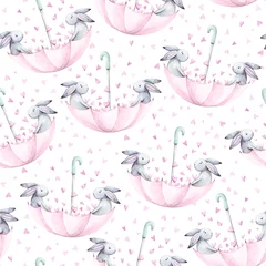 Wallpaper murals Watercolor set 1 Watercolor seamless pattern. Wallpaper with  fantasy bunneis cartoon animals on white background. Hand drawn vintage texture.