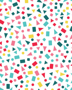 Seamless pattern with confetti of triangles, circles and squares