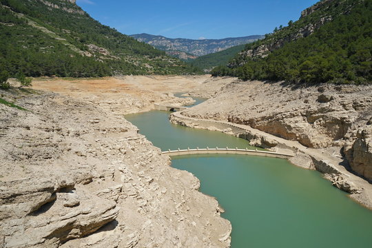 The reservoir of Ulldecona practically empty in june 2018 because of lack of rains, Province of Castellon, Valencian Community, Spain