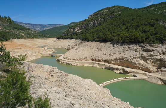 The reservoir of Ulldecona practically empty in june 2018 because of lack of rains, Province of Castellon, Valencian Community, Spain