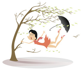 Strong wind, umbrella and woman snatches up a tree illustration. Strong wind, flying leaves and a woman lost umbrella trying to keep his life snatching a tree isolated on white illustration
