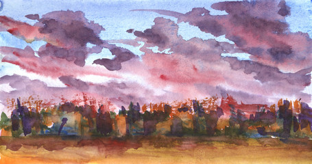 sky red clouds watercolor