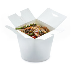 Wok rice with eel and salmon in paper box over white. With clipping path.