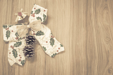 Christmas background - Christmas present red gifts box and decorating elements on white wooden background