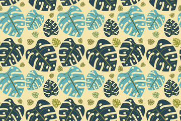Seamless pattern of cute navy, blue and green leaves on cream background.Can be used to create wallpaper, gift wrapping paper,fabrics, home textile and website background.Vector