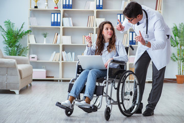 Disabled patient on wheelchair visiting doctor for regular check
