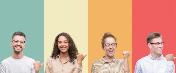 Collage of a group of people isolated over colorful background smiling with happy face looking and pointing to the side with thumb up.