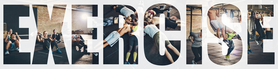 Collage of fit people exercising together in a gym