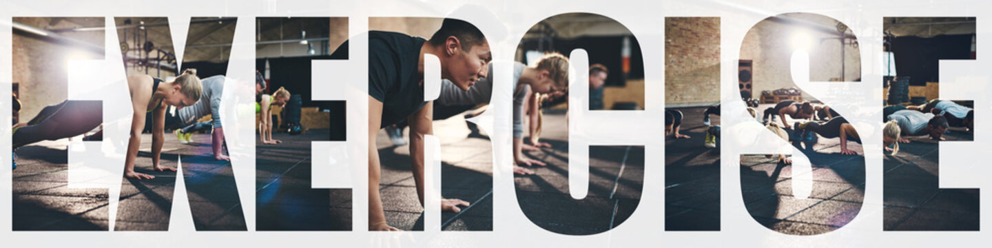 Collage of people doing pushups while exercising in a gym
