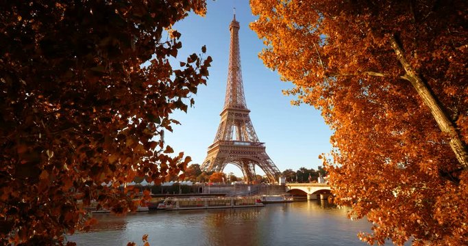 Seine in Paris with Eiffel tower in autumn time