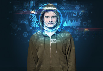 Facial recognition system. Young man on dark background, face recognition concept