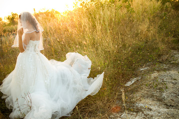 Fototapeta premium Attractive young bride wear wedding dress and white veil, stand alone in the grass field with rim light from the sun. bride in the Meadow concept. image for background, copy space, objects and fashion