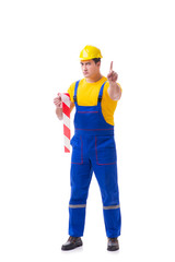 Funny worker wearing coveralls with tape
