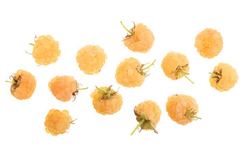 Yellow raspberries isolated on white background with copy space for your text. Top view. Flat lay pattern