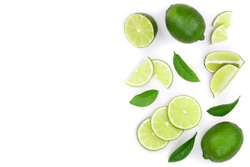 sliced lime vith leaves isolated on white background with copy space for your text. Top view. Flat lay pattern
