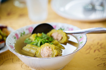 Stuffed Bitter Melon Soup. medicine food. eat food as medicine. chinese soup. image for menu list,article and illustration.