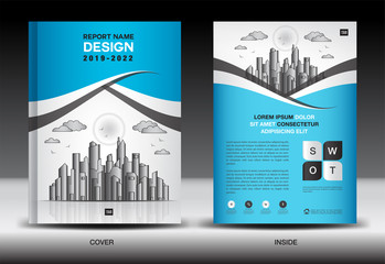 Blue Cover template With city landscape, Annual report cover design, Business brochure flyer template, advertisement, company profile, magazine ads, book, poster, infographics, vector layout, A4 size