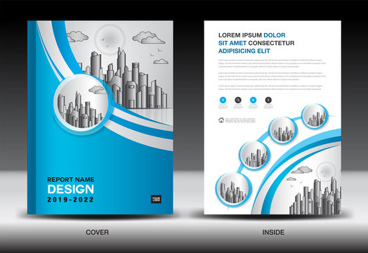 Blue Cover template With city landscape, Annual report cover design, Business brochure flyer template, advertisement, company profile, magazine ads, book, poster, infographics, vector layout, A4 size