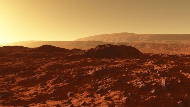 Mars - the red planet - landscape with mountains with sedimentary rock layers during sunrise or sunset