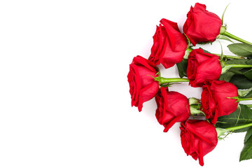 beautiful red rose with leaves isolated on white background with copy space for your text. Top view. Flat lay pattern