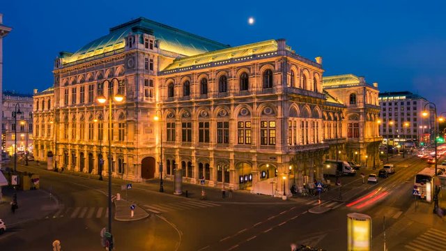 Vienna opera house at sunset. Time lapse.  Change day to night.