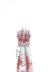 Close up communication tower top. Radio antenna Tower , microwave antenna tower on light sky background. wireless technology concept. communication development concept. image for objects and article.