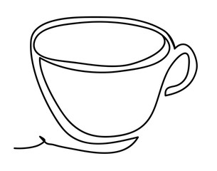 Hot Tea In White Cup Vector illustration isolated on white background. Continuous line drawing. Vector monochrome, drawing by lines