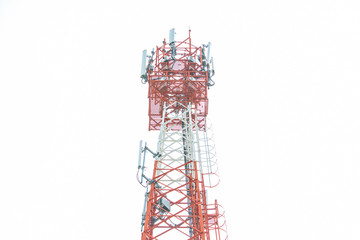 Close up communication tower top. Radio antenna Tower , microwave antenna tower on light sky background. wireless technology concept. communication development concept. image for objects and article.