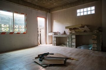 Incomplete renovate white room without windows, empty white room.  apartment building. interior and renovation concept. image for background, renovation, interior, 3D architecture and design.