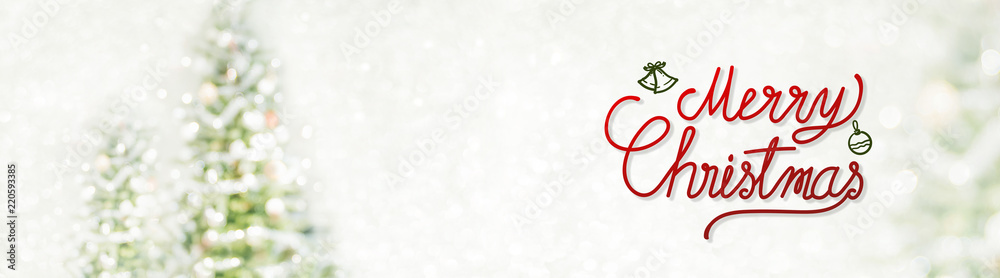 Poster red merry christmas and happy new year handwriting at blur bokeh christmas tree decor with string li