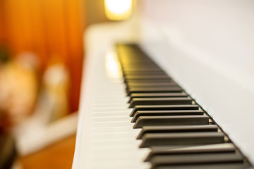 Close up piano keys . perspective from piano keyboard. classic musical instrument. romantic sound origins. unplugged music device. image for background,wallpaper,objects,copy space
