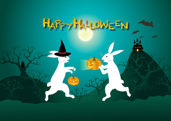 鳥獣戯画っぽいウサギが楽しむハロウィーン