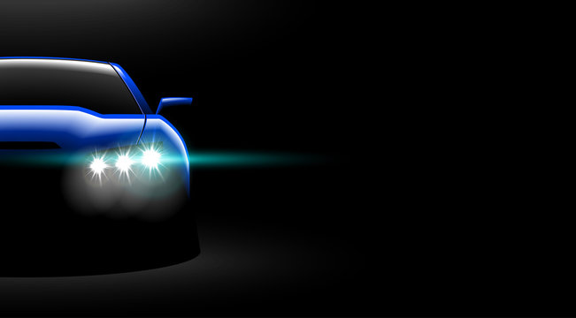 realistic blue sport car view with unlocked headlights in the dark